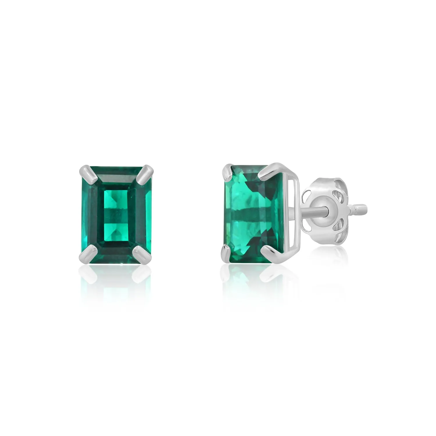 14k White Gold Solitaire Emerald-Cut Gemstone Stud Earrings (7x5mm)