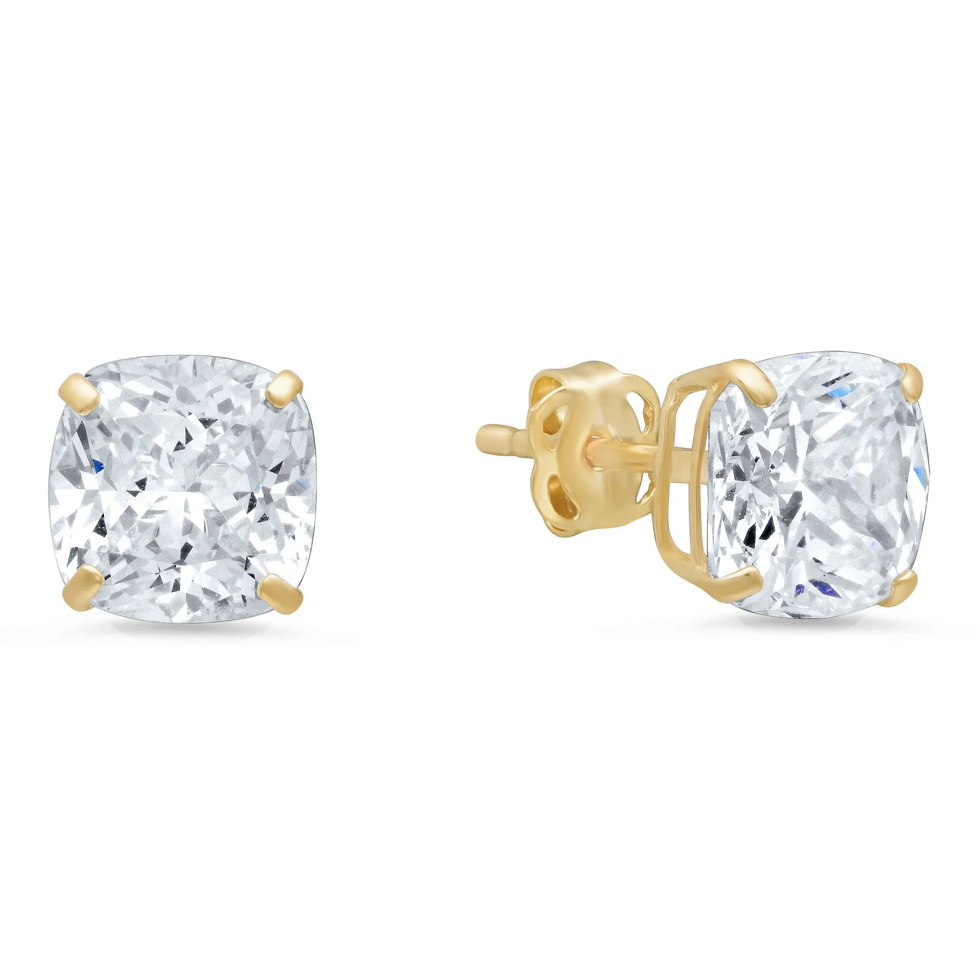 14K Yellow Gold 7X7 Cushion Cut Cubic Zirconia Stud Earring