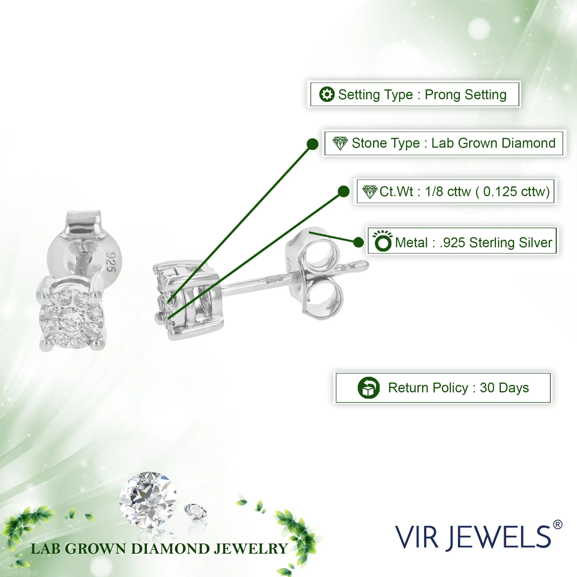 1/8 cttw Classic Composite Diamond Stud Earrings in Silver