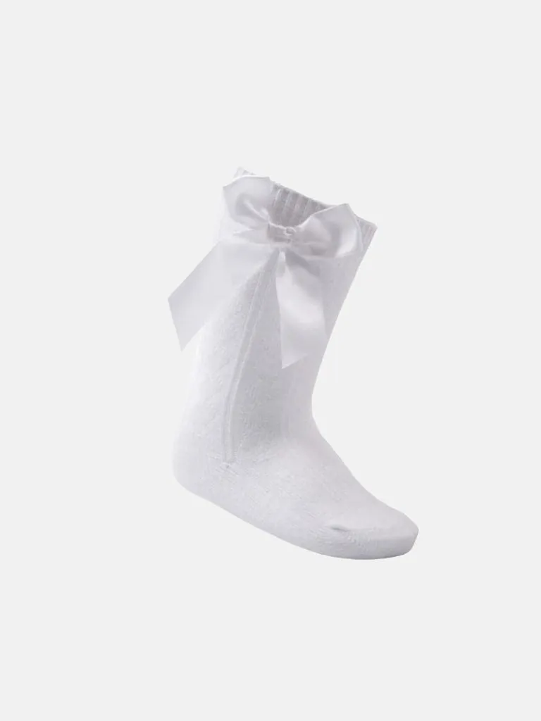 Baby Girl Adorable Knee Socks with Satin Bow - White