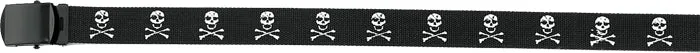 Black Military Web Belt with Skulls & Crossbones Jolly Roger Emblem 54"