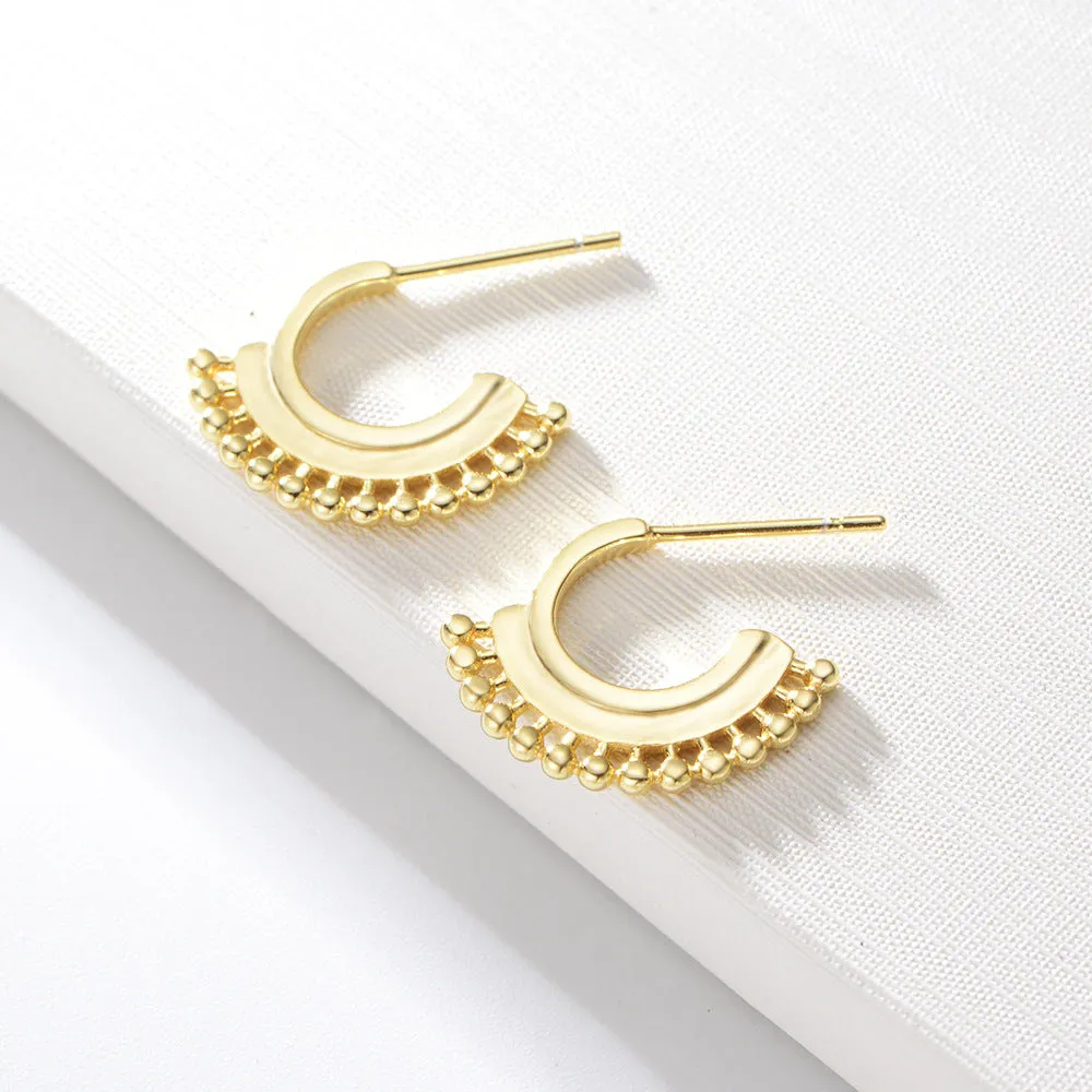 C-shaped Small Round Beads Silver Studs Earrings for Women