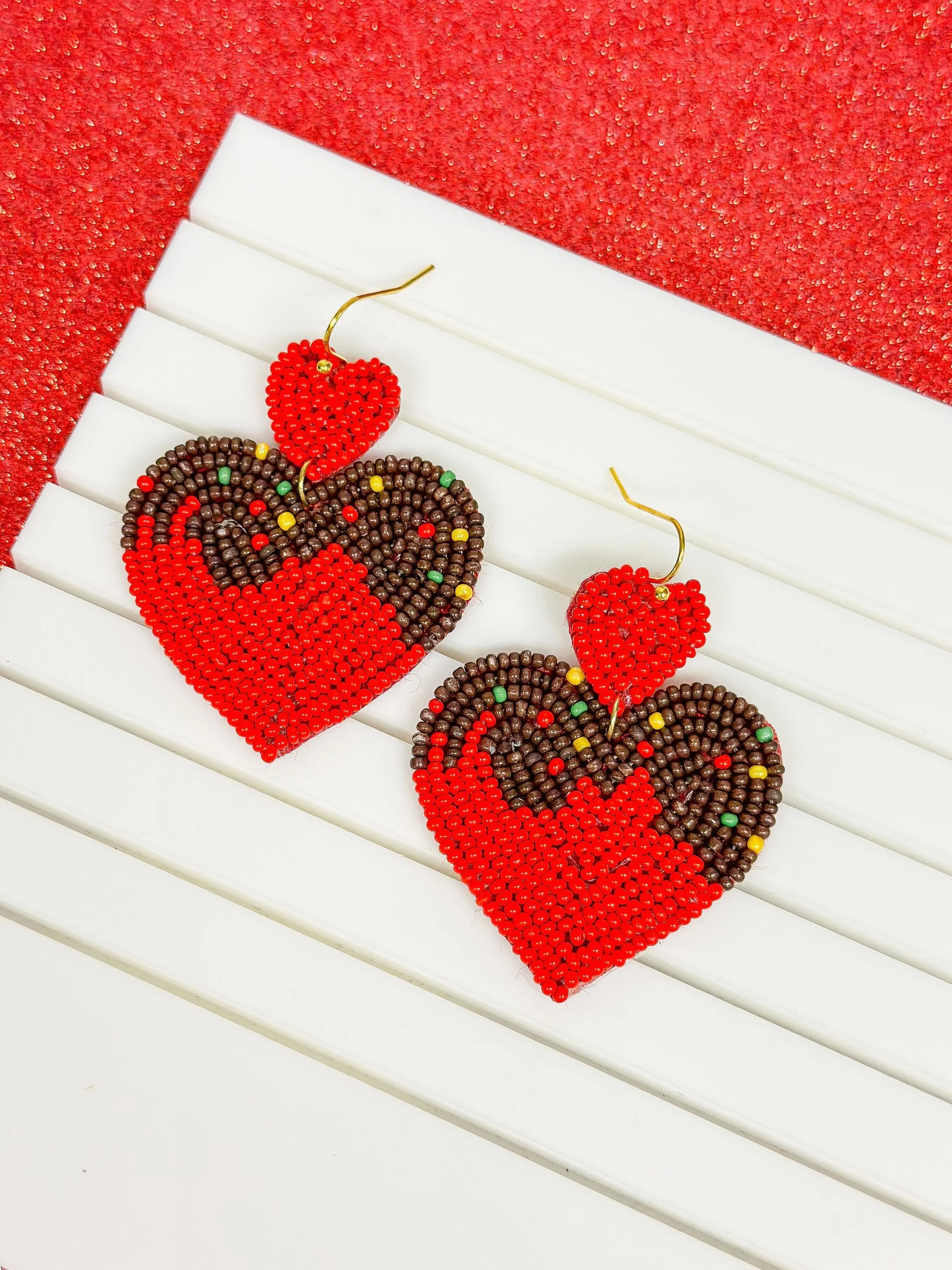 Chocolate Heart Beaded Dangle Earrings - Red