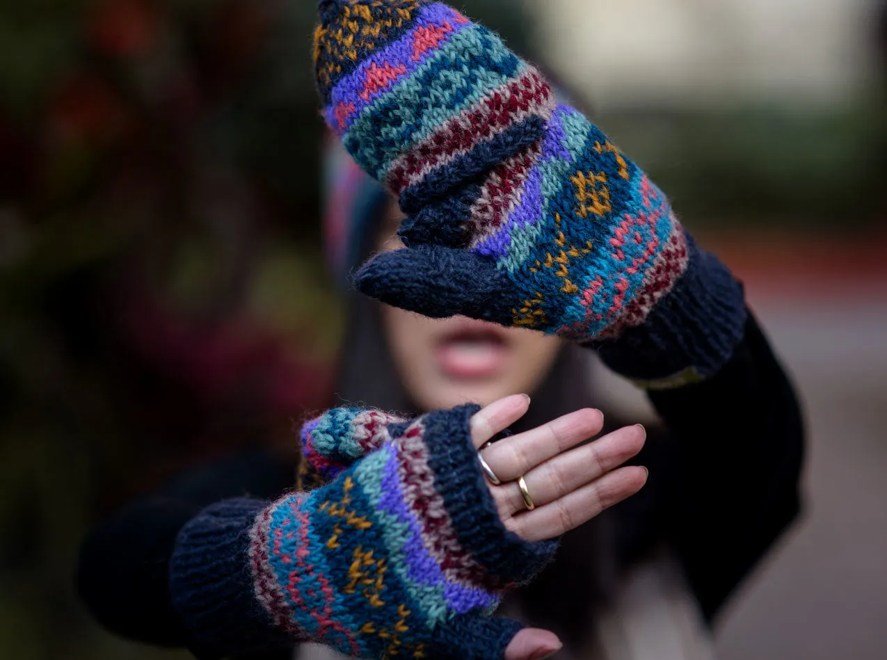 Dark Blue Pure Wool Convertible Mittens