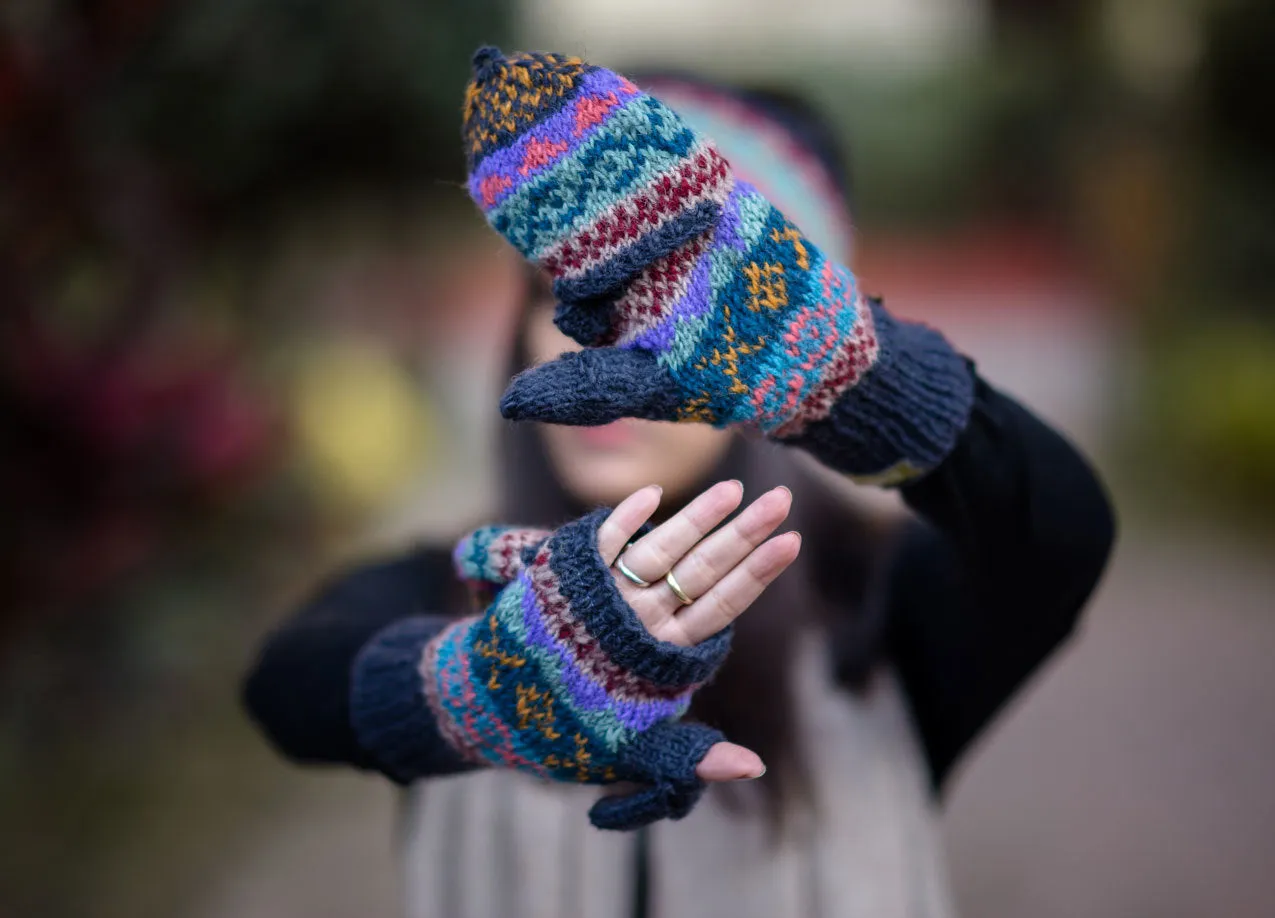 Dark Blue Pure Wool Convertible Mittens