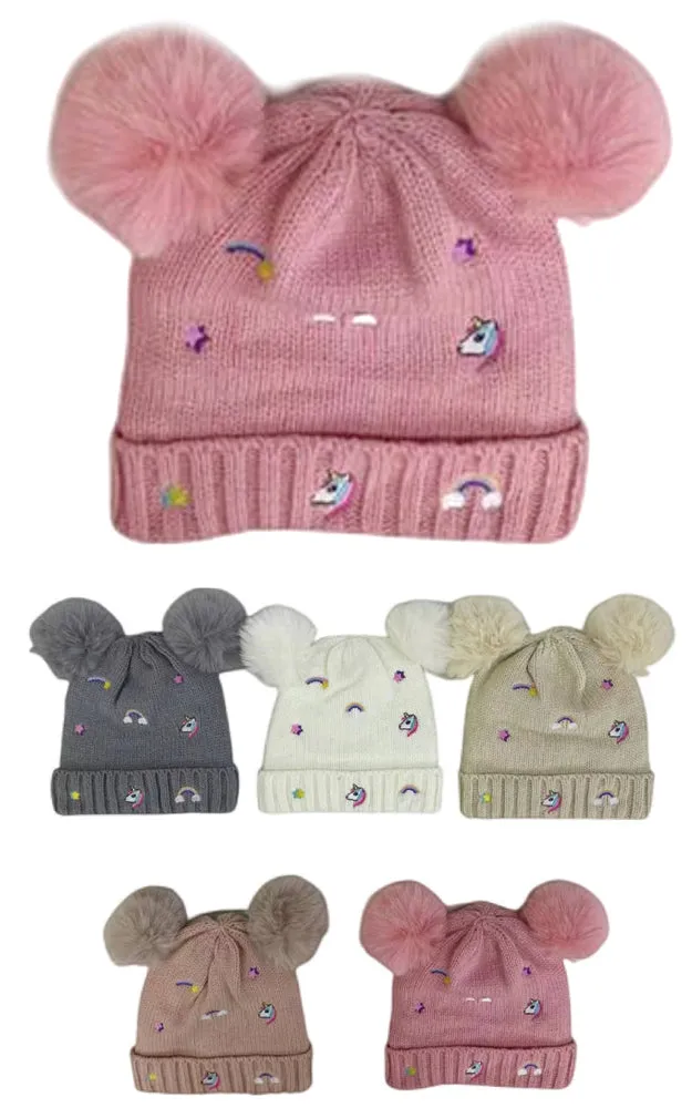 DBHK3931 Kids Emoji Patch Winter Knit Double PomPom Hats