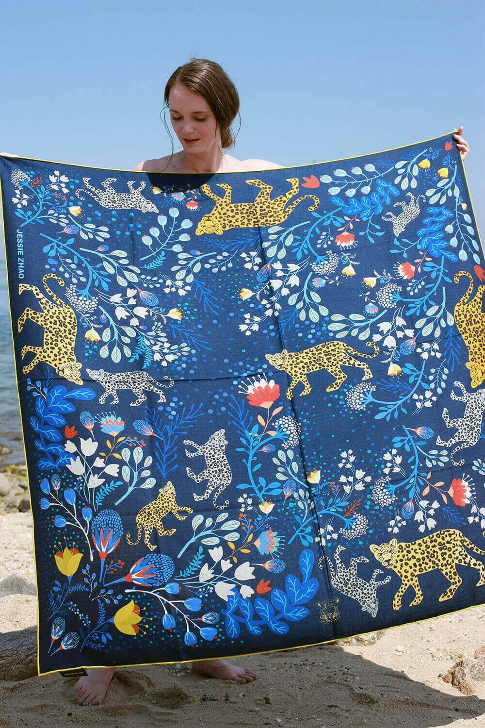 Double Sided Wool Silk Shawl Of Amazon Rainforest Journey in Blue