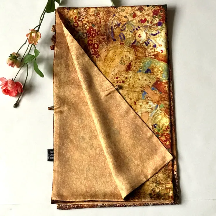 Gold floral 100% Silk Satin smooth soft Long double fabric  Scarf with buttons