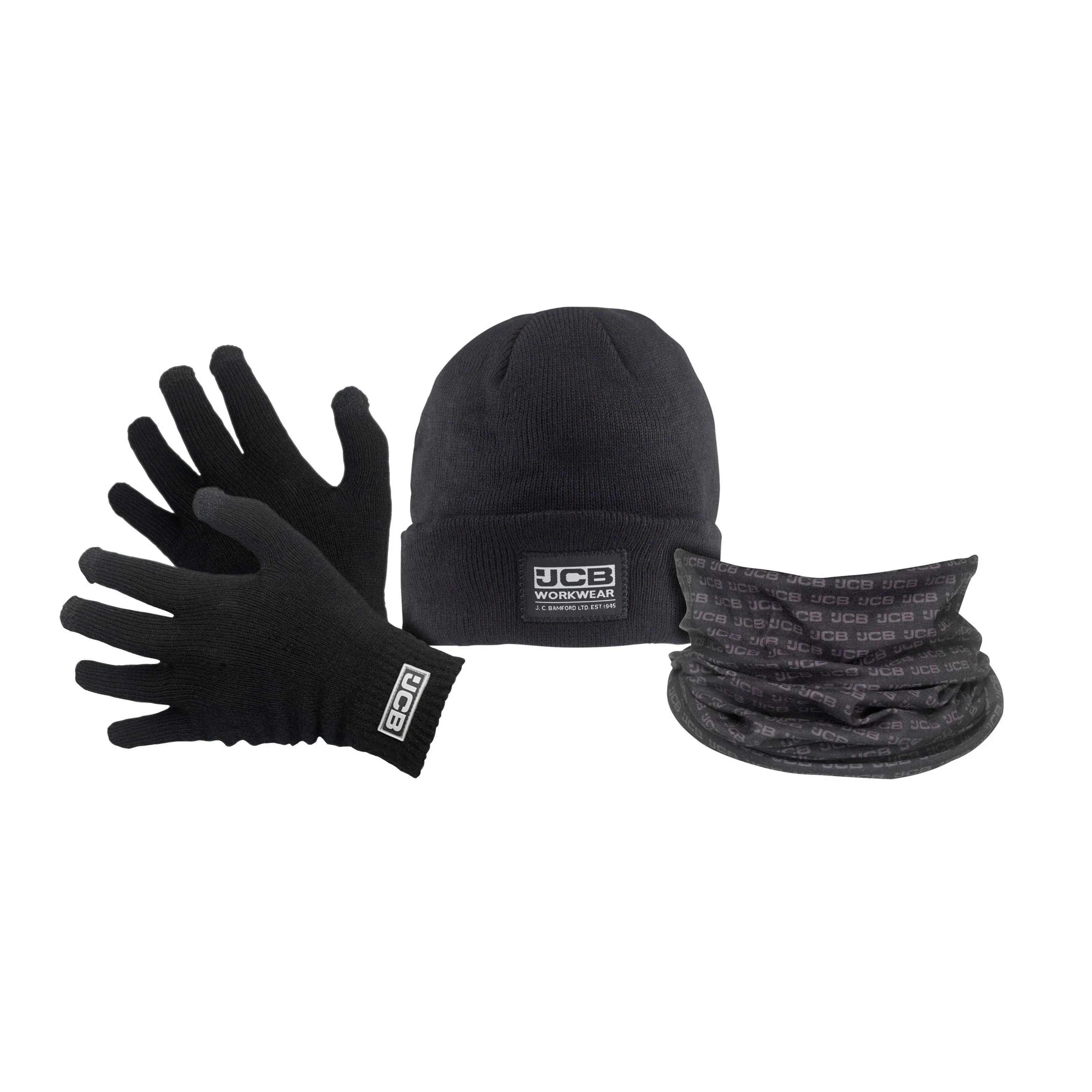 JCB Winter Set Black Thermal Gloves Beanie Hat Snood Christmas Gift Set