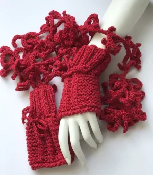 Knitted Scarf and Mittens for Women, Scarf and Fingerless Gloves Set in Red Color