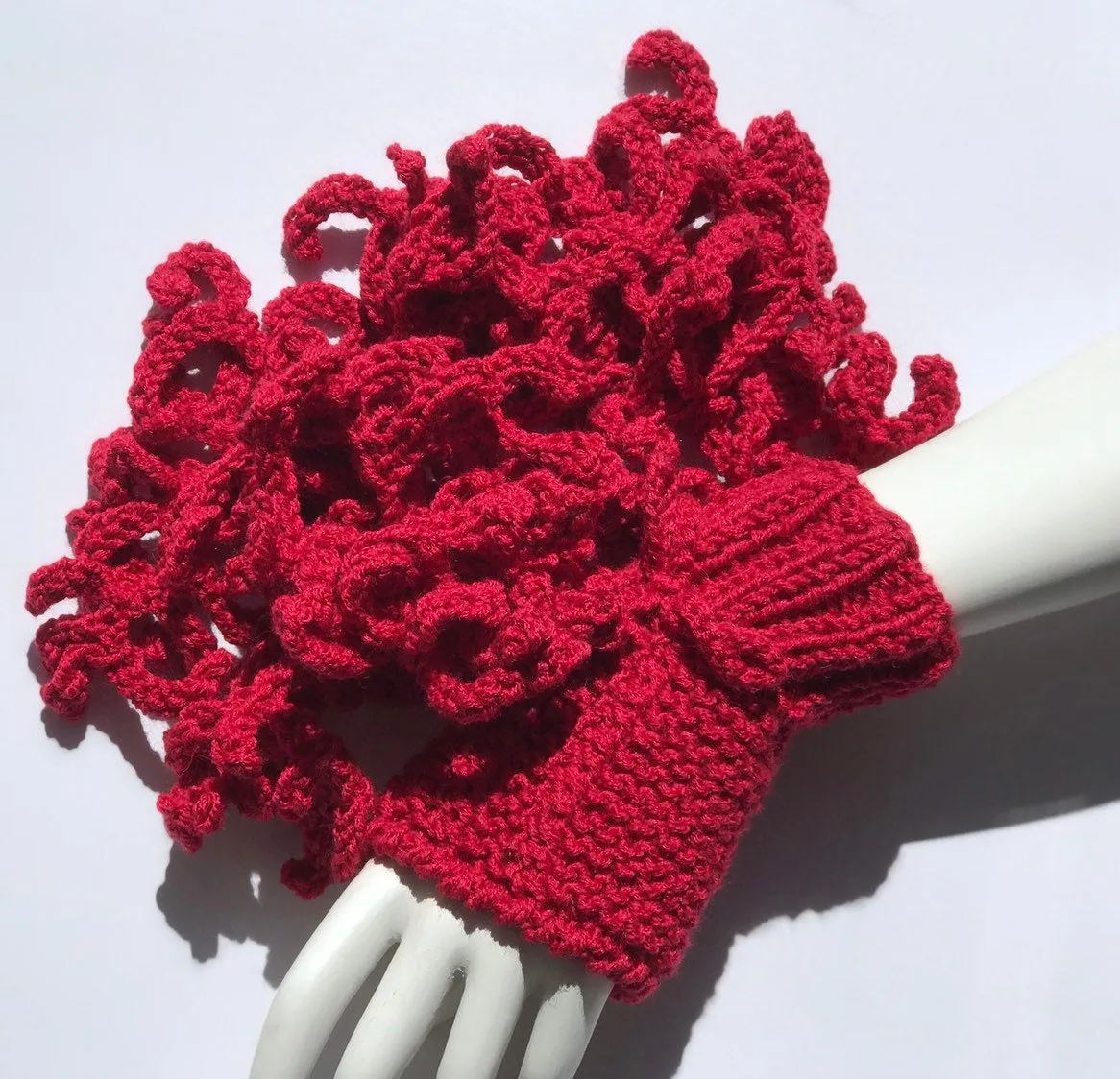 Knitted Scarf and Mittens for Women, Scarf and Fingerless Gloves Set in Red Color