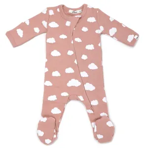 oh baby! Zipper Footie Baby Rib - White Clouds Print - Blush