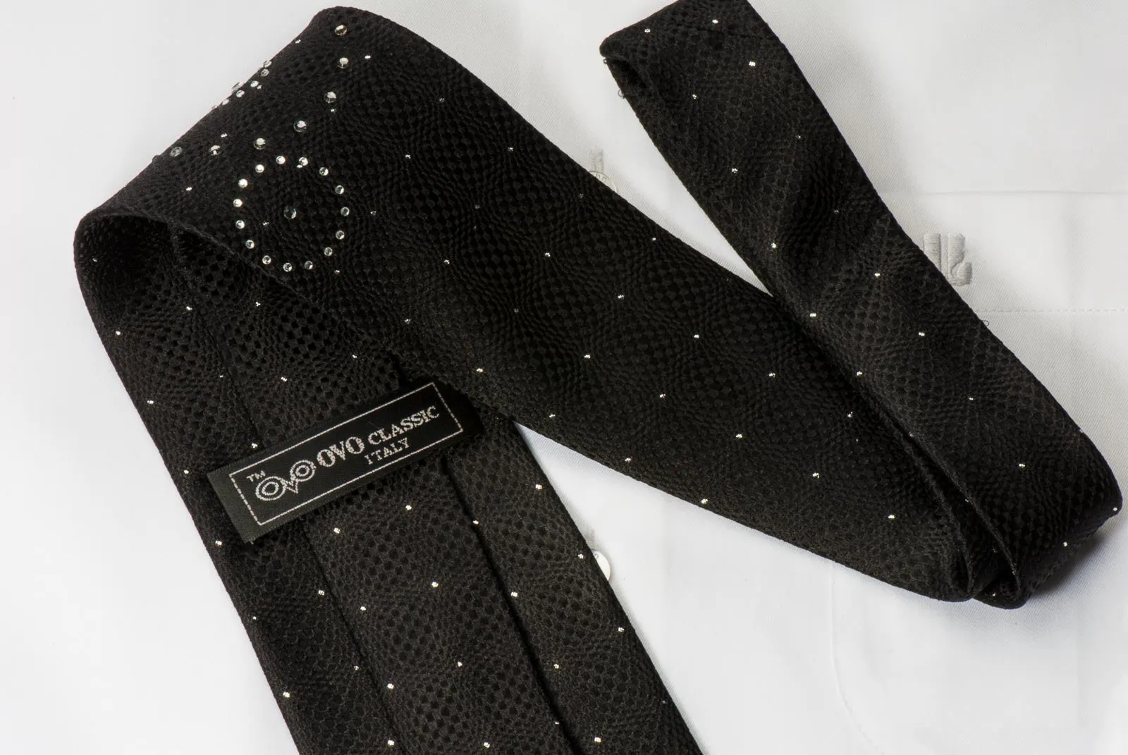 OVO Classic Men's Black Rhinestone Silk Neck Tie With Silver Sparkles