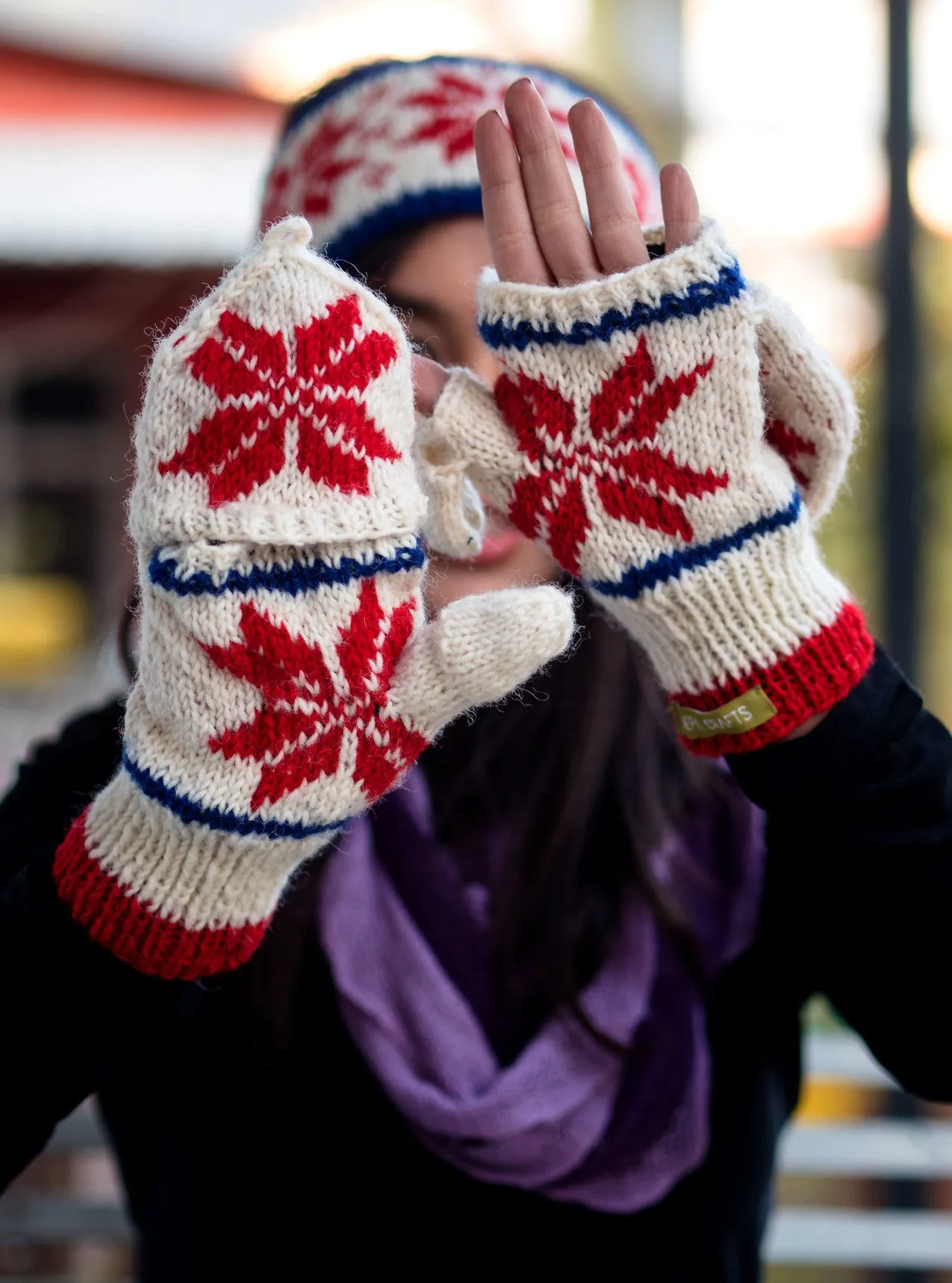 Pure Wool Snow Flake Pattern Convertible Mittens