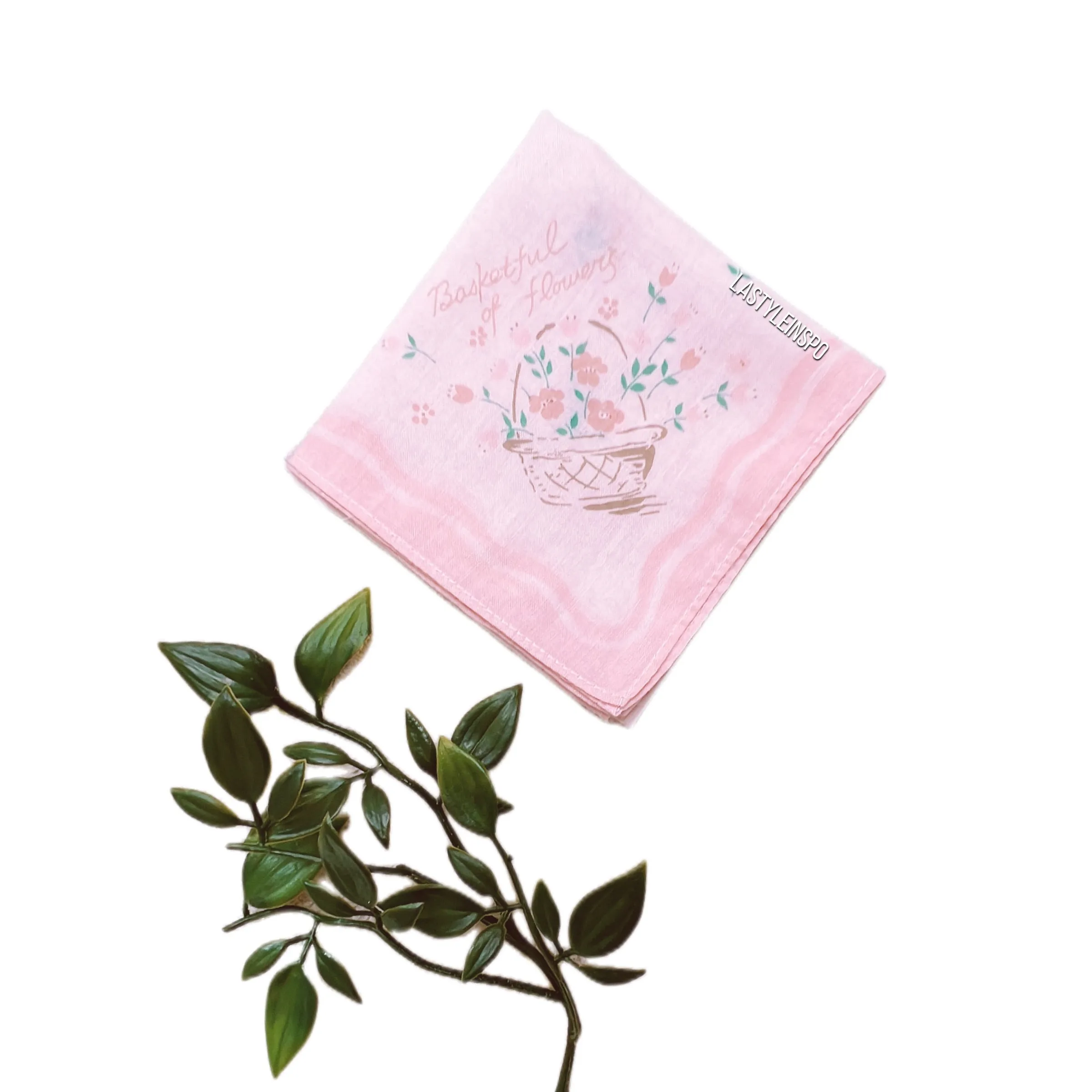 Rare Girly Handkerchief Basket of Flowers Pink White OS