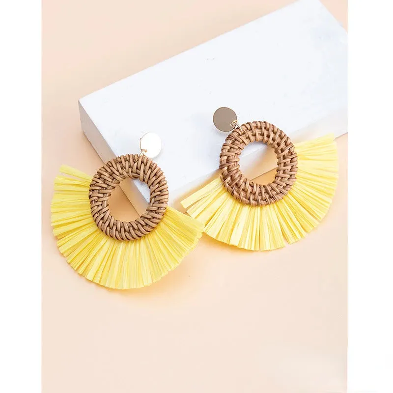 Rattan Raffia Tassel Pendant Earrings