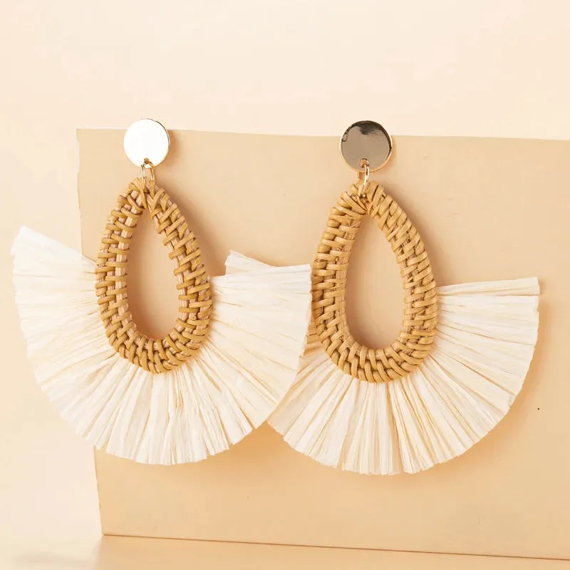 Rattan Raffia Tassel Pendant Earrings