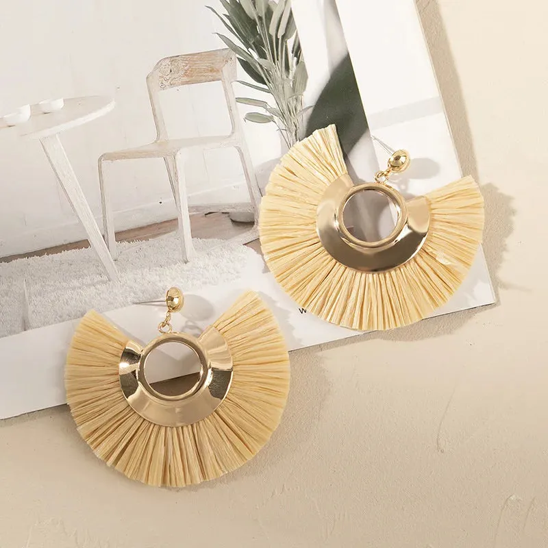 Rattan Raffia Tassel Pendant Earrings