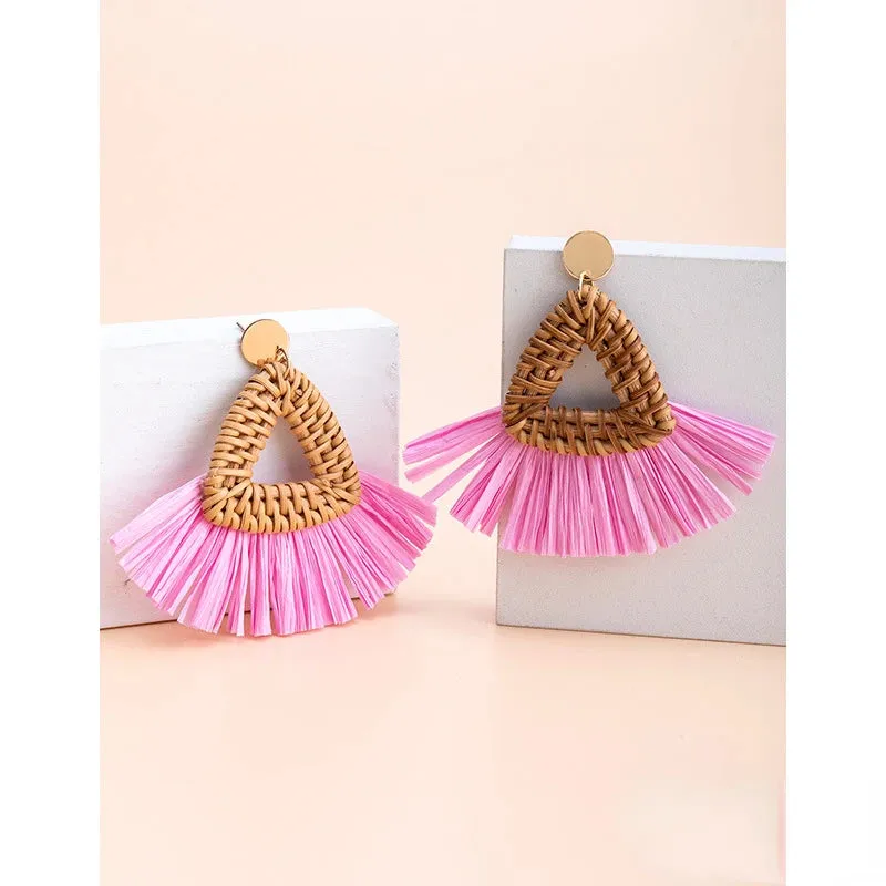 Rattan Raffia Tassel Pendant Earrings