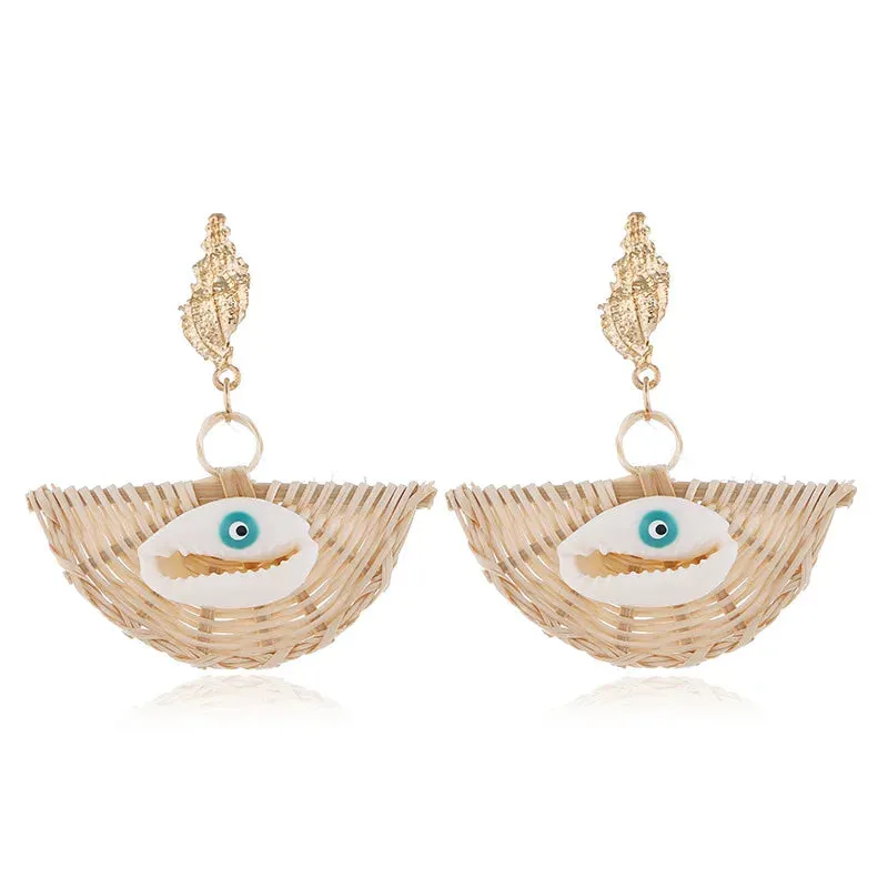 Rattan Raffia Tassel Pendant Earrings