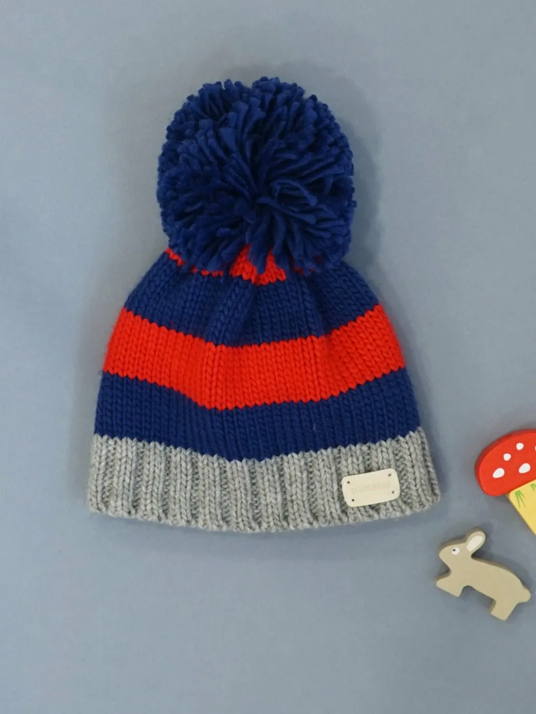 Red and Blue Striped Bobble Hat