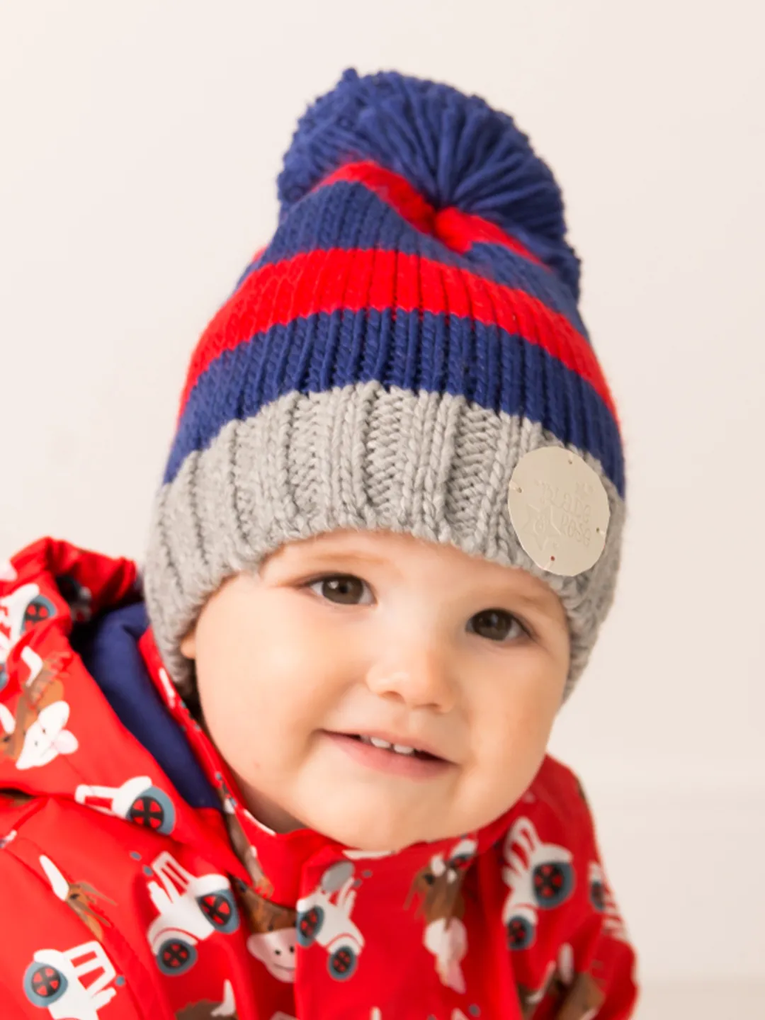 Red and Blue Striped Bobble Hat