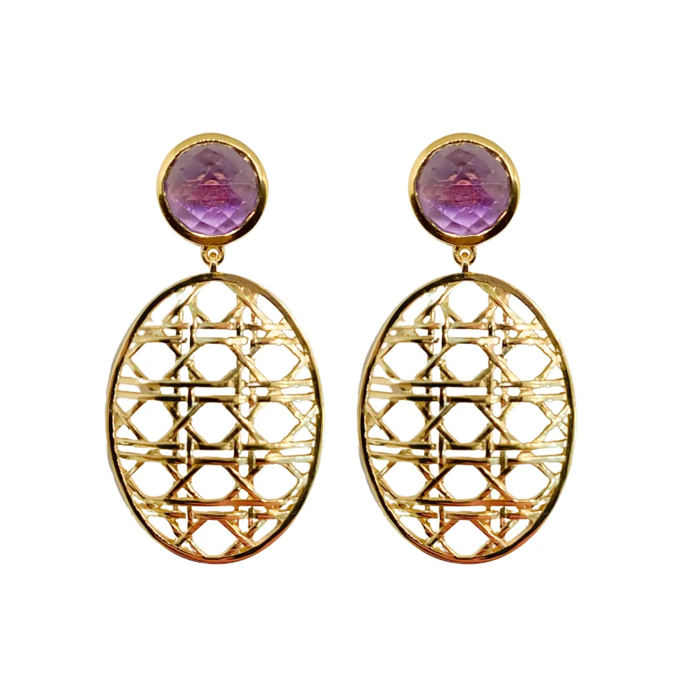 Remy Wicker Gold Oval & Amethyst Gem Earrings