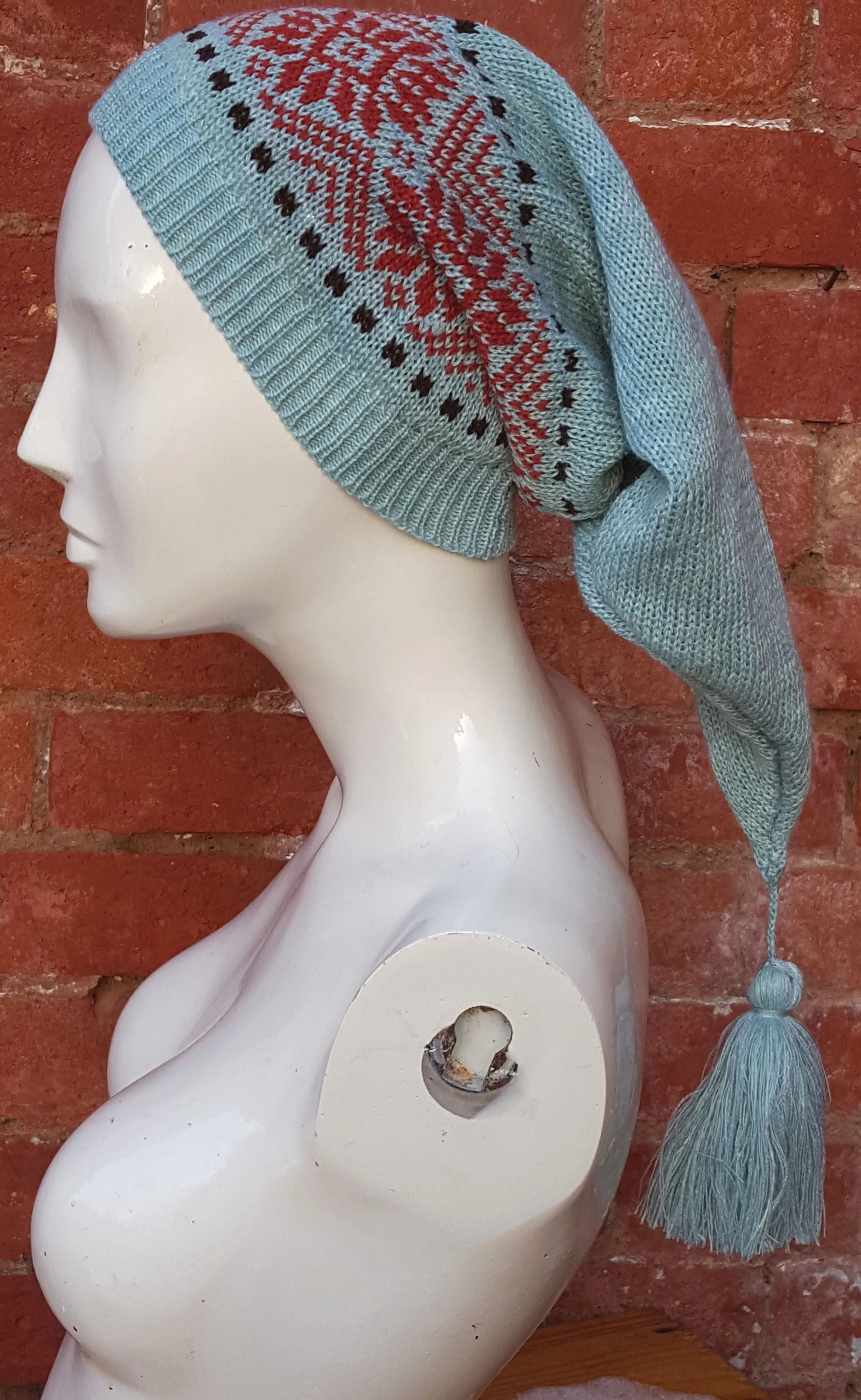 Sea Foam coloured Winter Pixie Hat, fair isle pattern, one size fits all, unisex ski hat