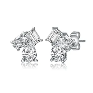 Sterling Silver Cubic Zirconia Three-Stone Cluster Stud Earrings.