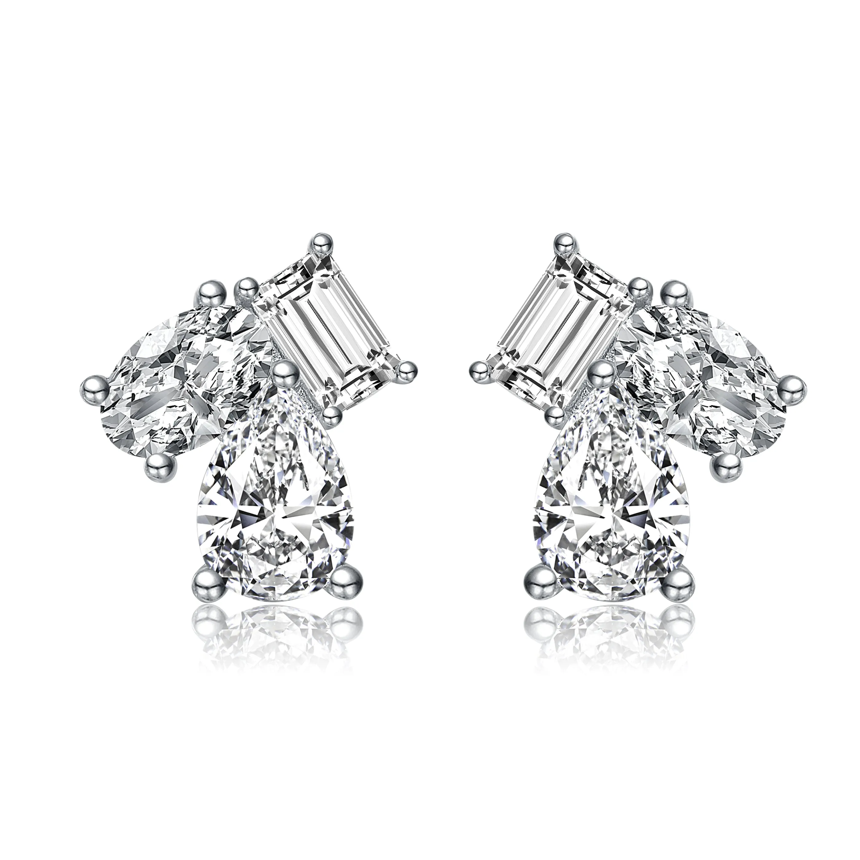 Sterling Silver Cubic Zirconia Three-Stone Cluster Stud Earrings.