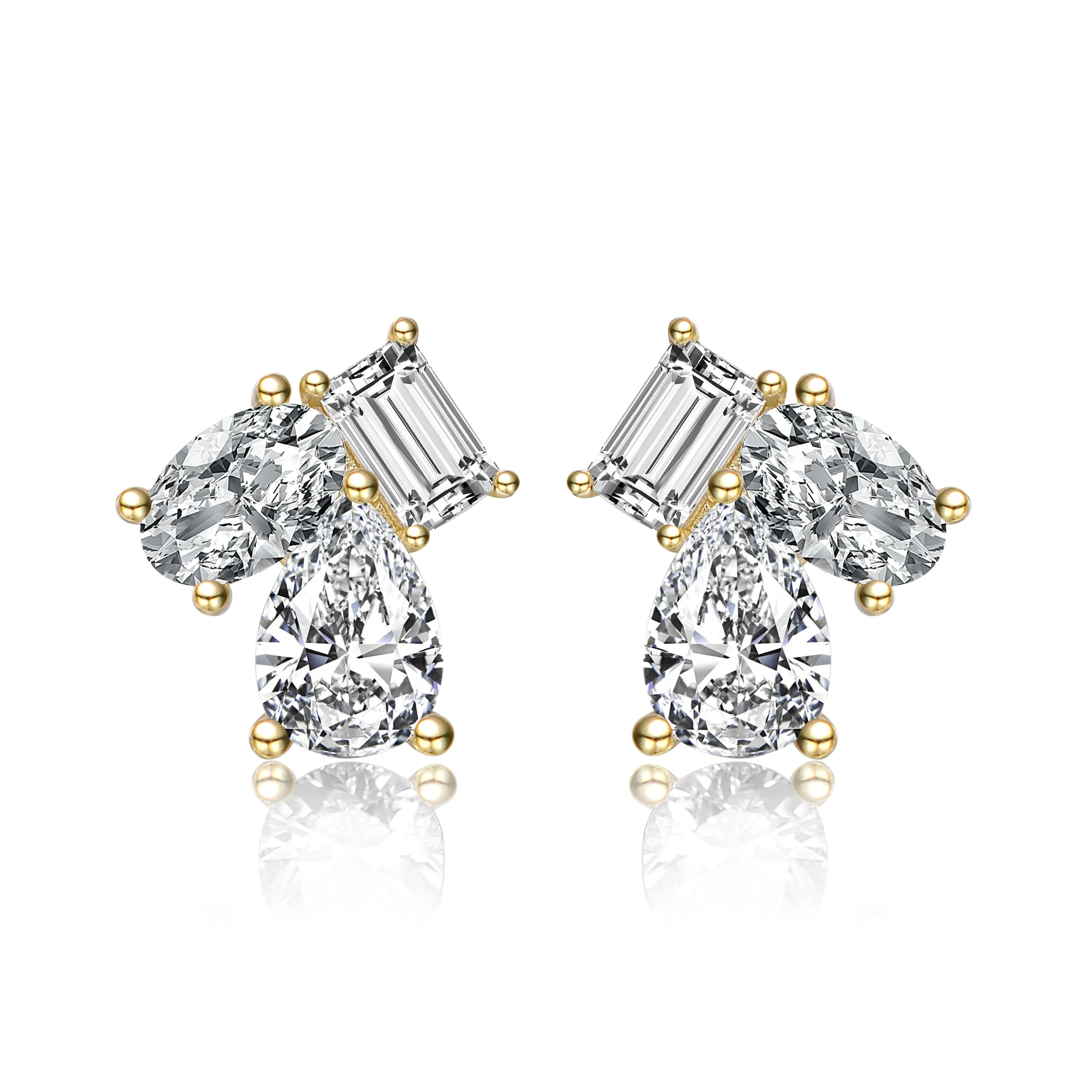 Sterling Silver Cubic Zirconia Three-Stone Cluster Stud Earrings.