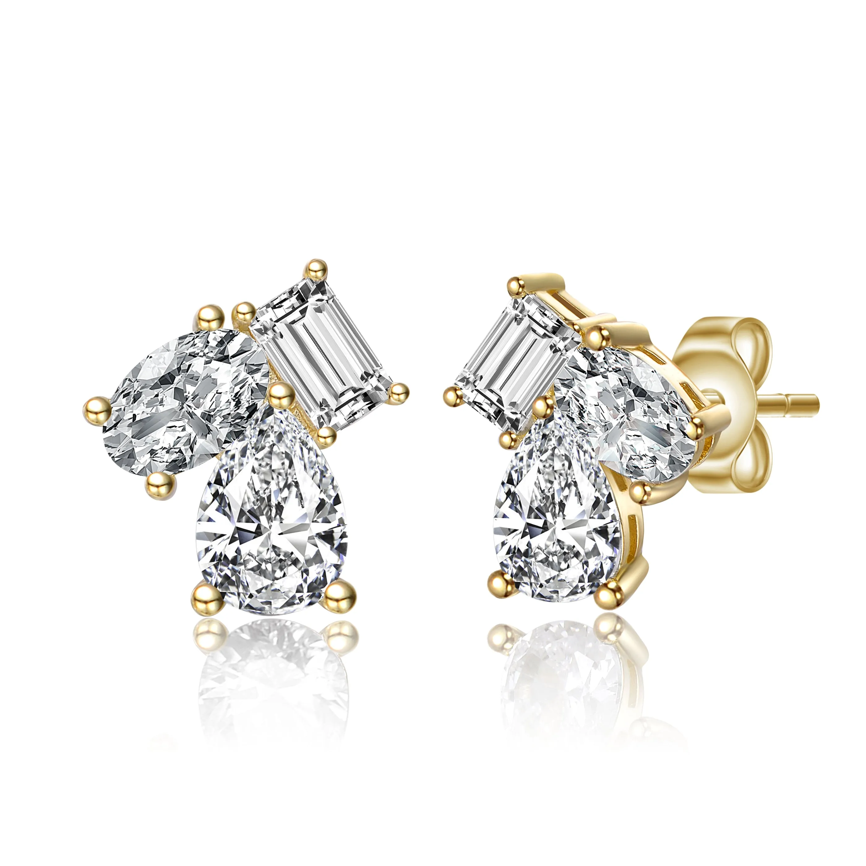 Sterling Silver Cubic Zirconia Three-Stone Cluster Stud Earrings.