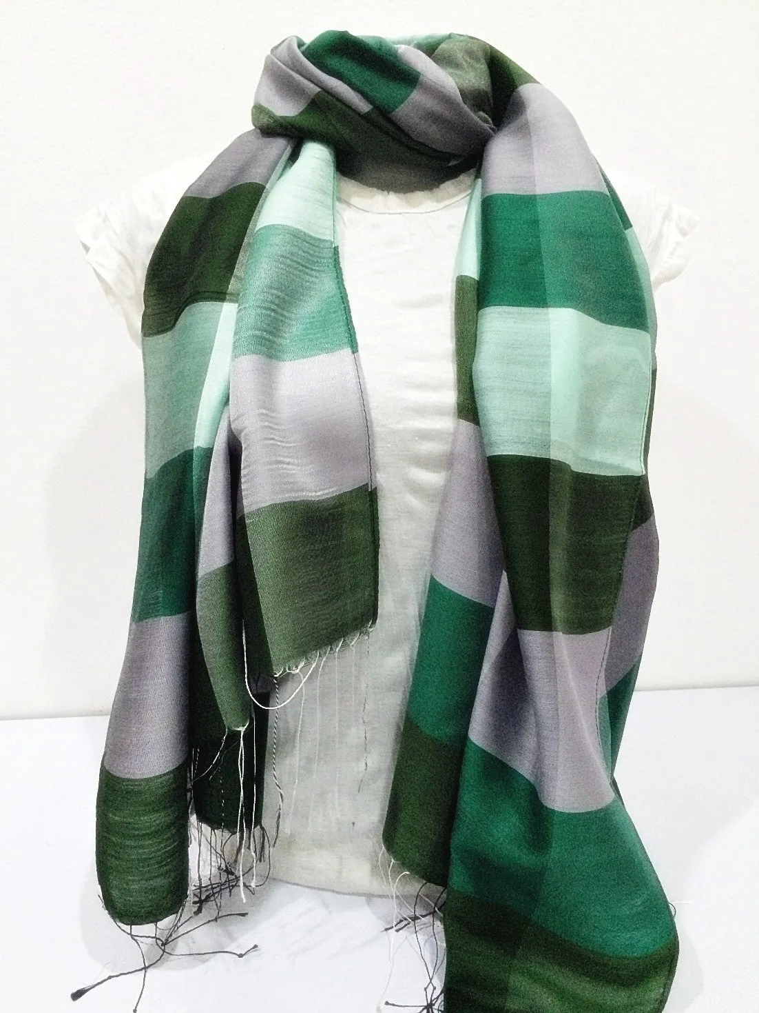 Thai Silky Stripe Scarf in Green White