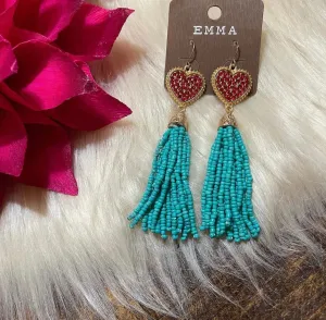 Turquoise beaded dangle heart earrings