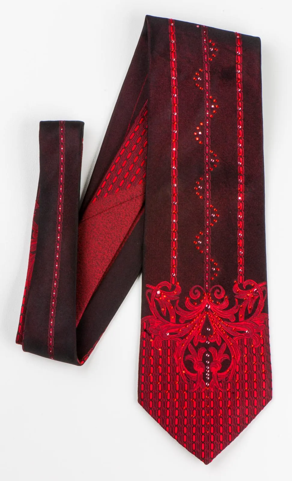 Vito Rufolo Classic Silk Necktie Damask On Burgundy With Red Rhinestones