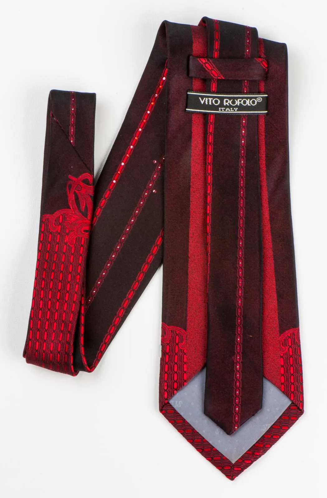 Vito Rufolo Classic Silk Necktie Damask On Burgundy With Red Rhinestones