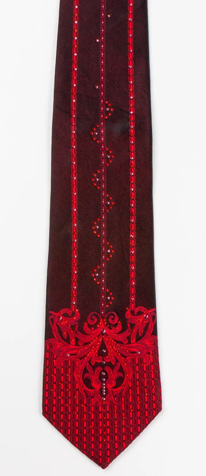 Vito Rufolo Classic Silk Necktie Damask On Burgundy With Red Rhinestones