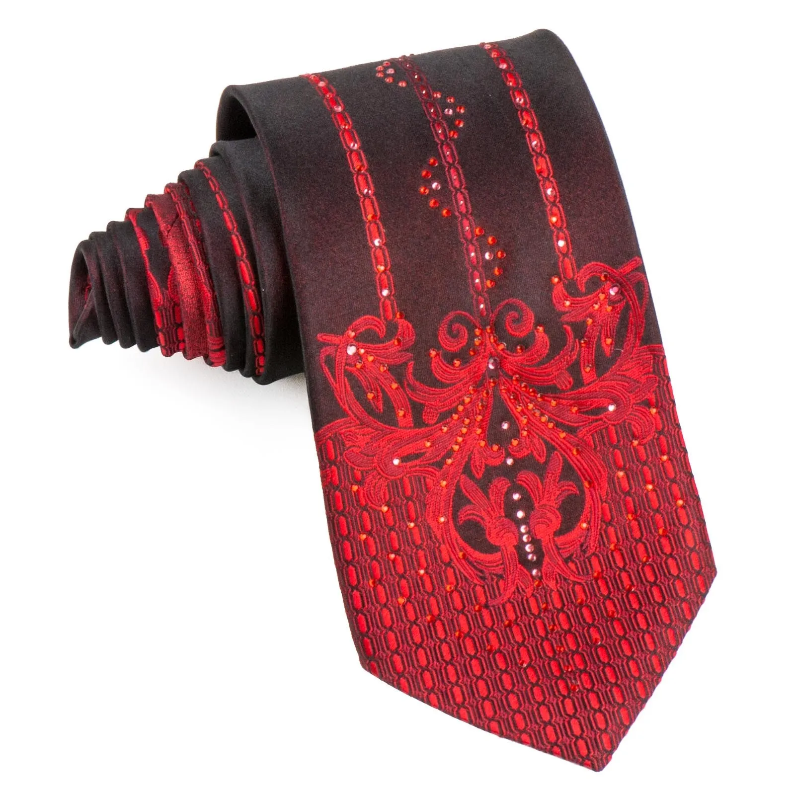 Vito Rufolo Classic Silk Necktie Damask On Burgundy With Red Rhinestones