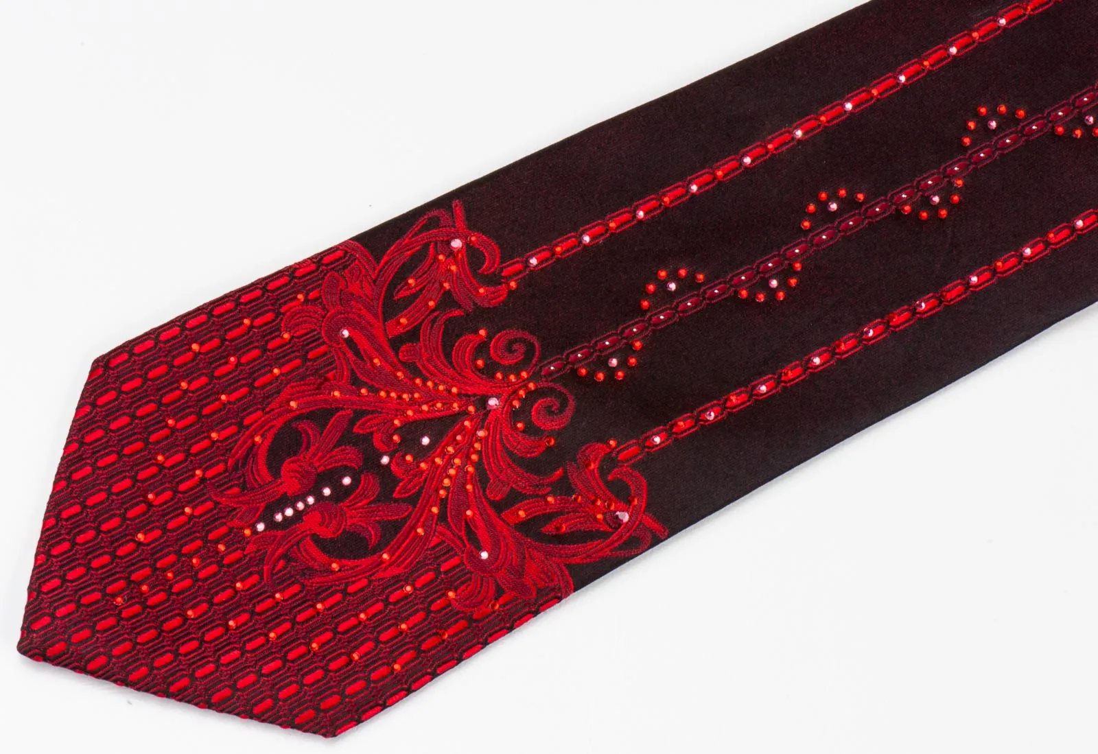 Vito Rufolo Classic Silk Necktie Damask On Burgundy With Red Rhinestones