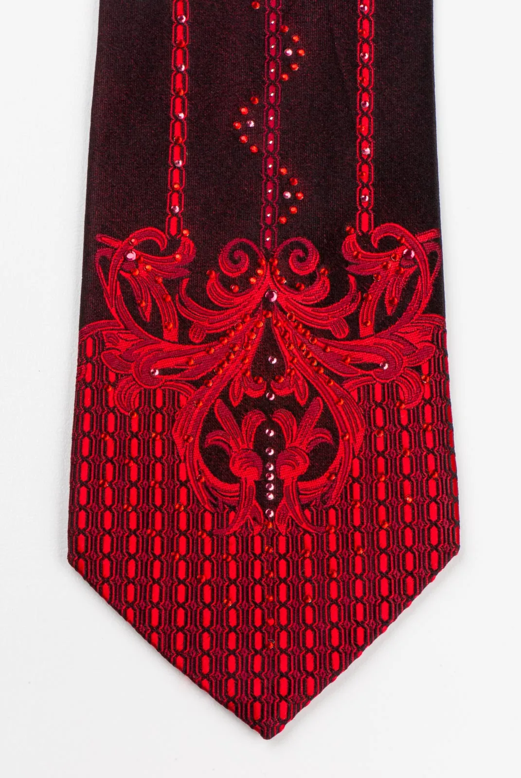 Vito Rufolo Classic Silk Necktie Damask On Burgundy With Red Rhinestones