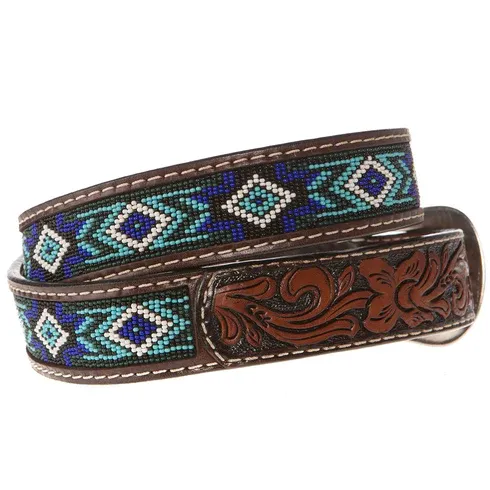 Western Fashion Brown With Blue And Turquoise Beading Belt