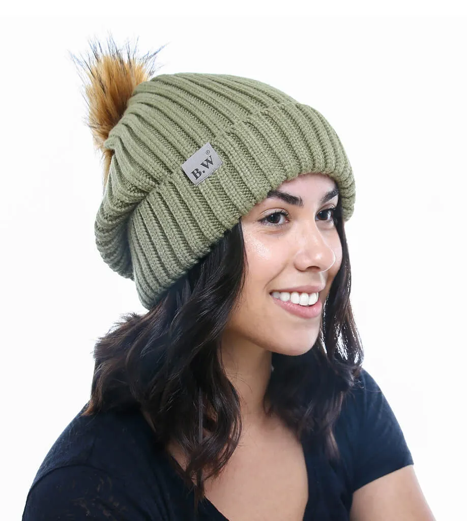 Winter Hat | Satin Lined | Natural Hair | Extra Large Olive Pom Pom